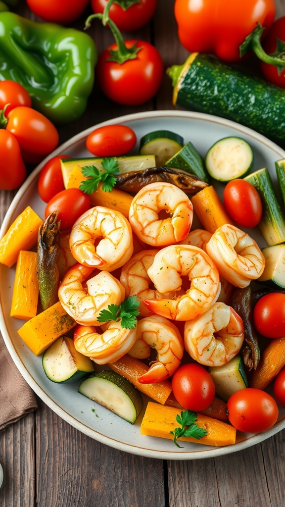 Garlic butter shrimp with seasonal vegetables on a plate, garnished with parsley.